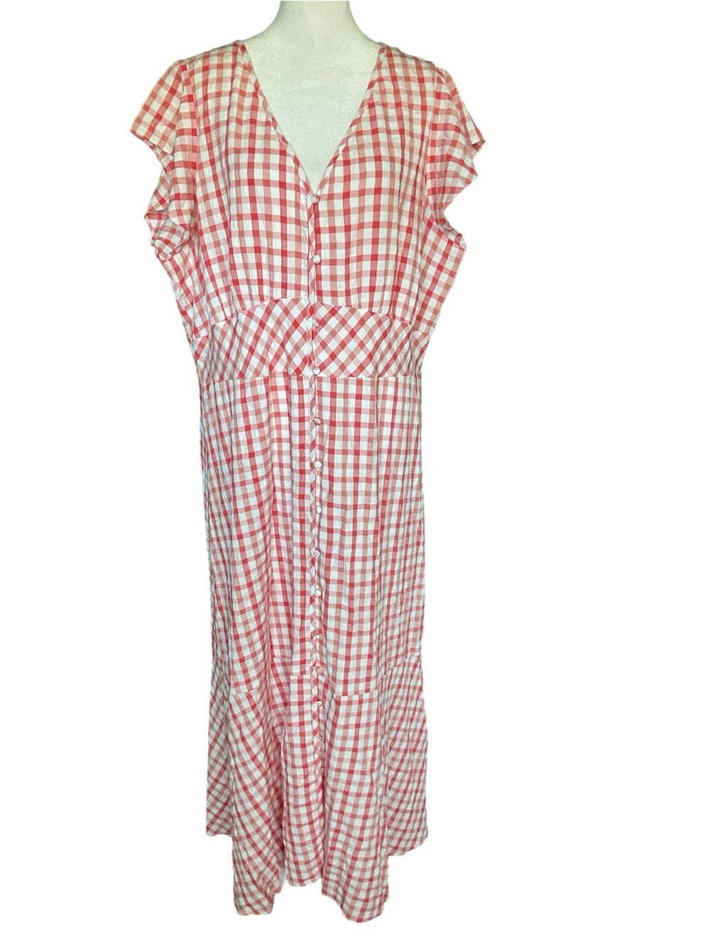 Loft Red Gingham Button Down Flutter Sleeve CottageCore Tiered Maxi Dress 18 - Picture 2 of 9